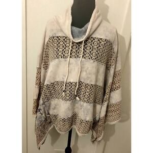 Boho Lace Crochet Striped Poncho Shirt Free People XS Cream And Blue Wash Hippie